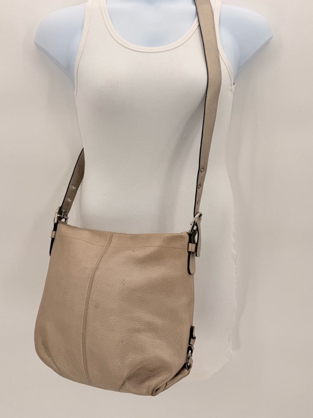 COACH Pebbled Leather Duffle Crossbody Bag Silvery Taupe Neutral Classic